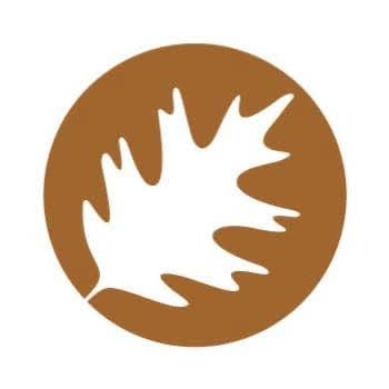 Brown circular logo with a white oak leaf in the center