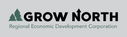 Grow North Economic Development logo with a black arrow integrated into the text on a light gray background